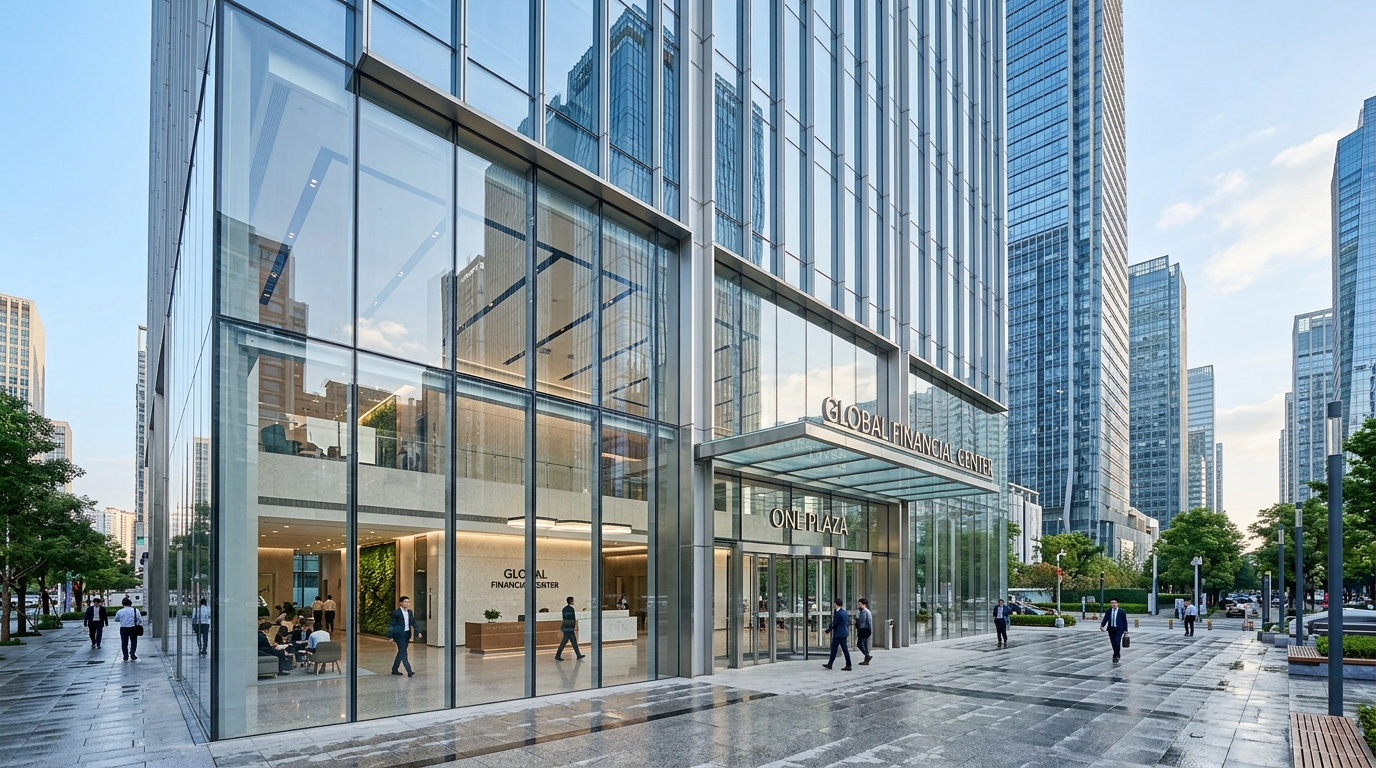 Modern office building interior with open plan workspace