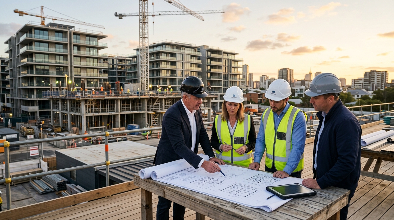 RHA Builder executive team inspecting architectural site plans on site