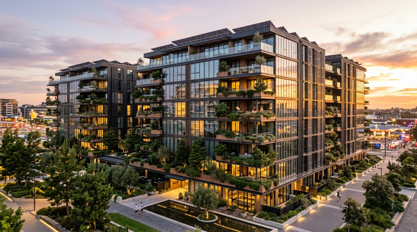 Modern sustainable luxury residential apartment complex featuring solar integration and vertical greenery at sunset